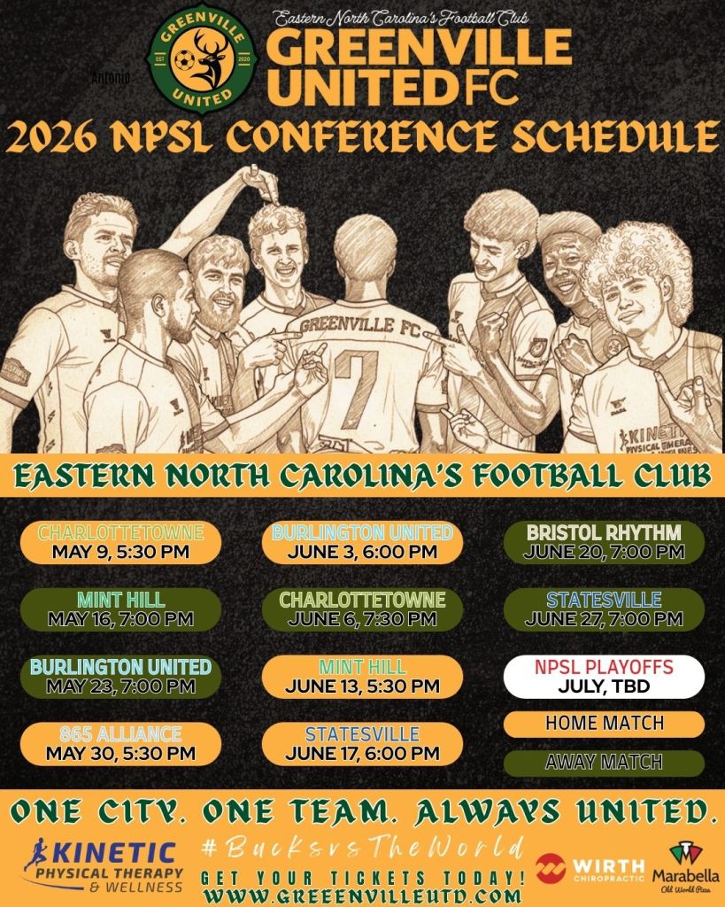 Greenville United FC 2026 NPSL Conference Schedule displaying match dates, times, and locations for teams in Eastern North Carolina, featuring graphics and logos of the club.